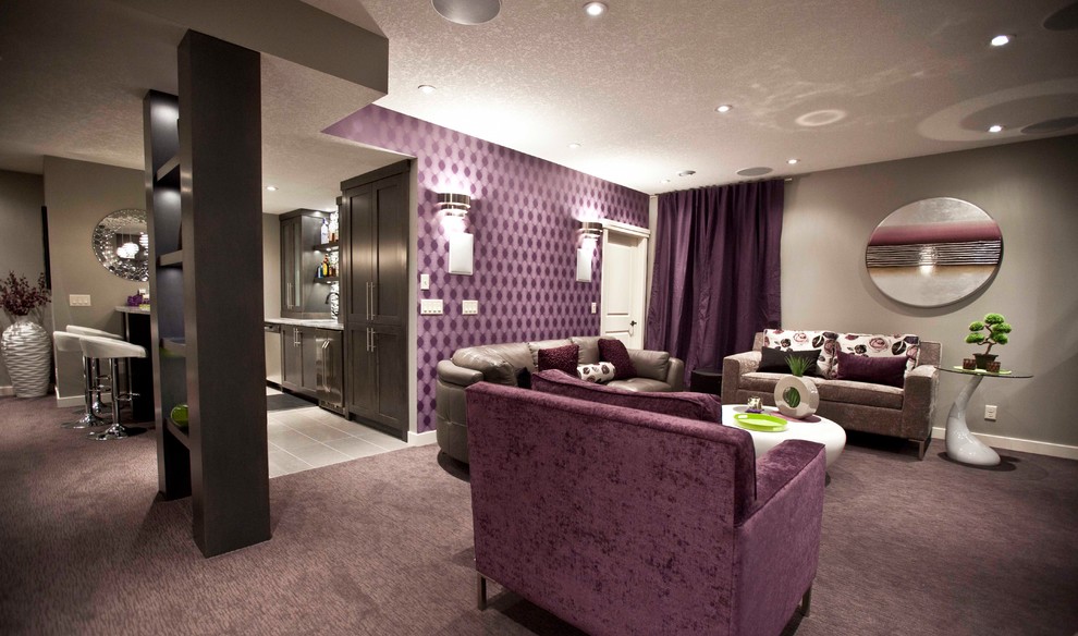 Traditional basement in Calgary with purple floors.