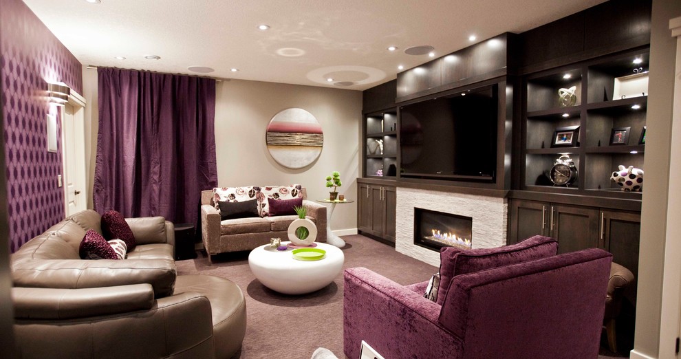 This is an example of a traditional basement in Calgary with purple floors.