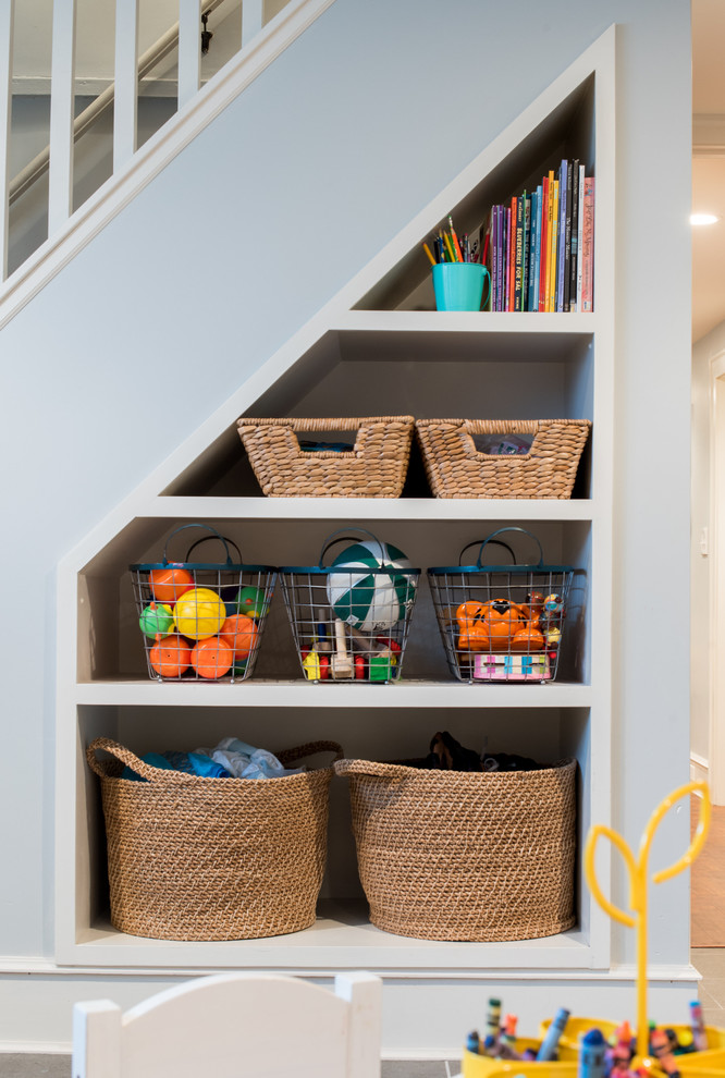 Inspiration for a large transitional look-out basement remodel in Chicago with blue walls and no fireplace