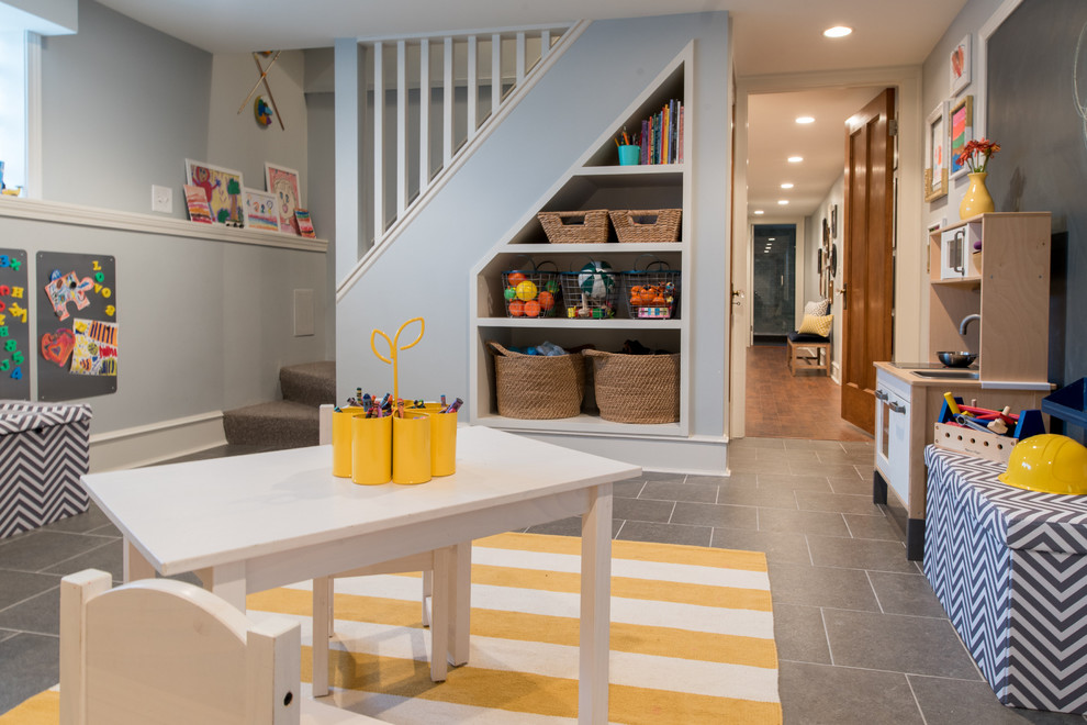 Inspiration for a large transitional look-out basement remodel in Chicago with blue walls and no fireplace