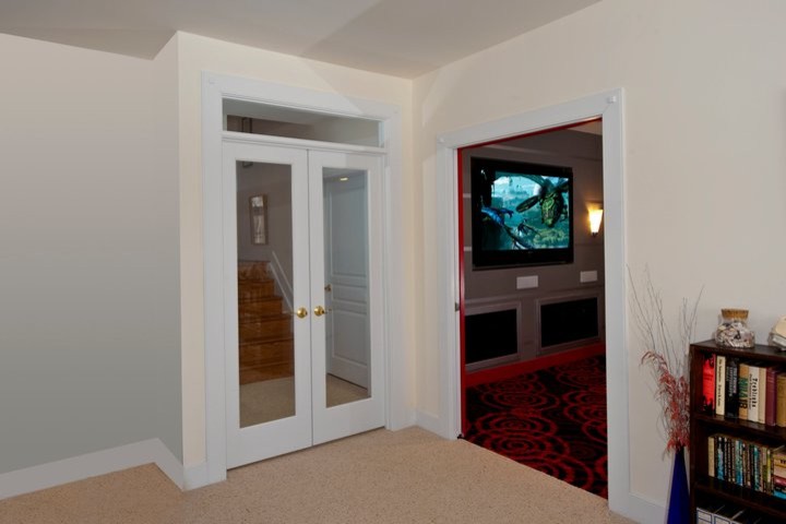 Medium sized traditional basement in DC Metro with white walls, carpet and no fireplace.