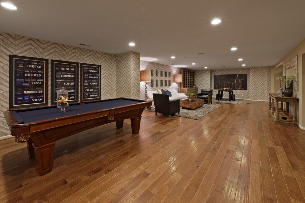 Inspiration for a large contemporary games room in DC Metro with multi-coloured walls, vinyl flooring, no fireplace and brown floors.