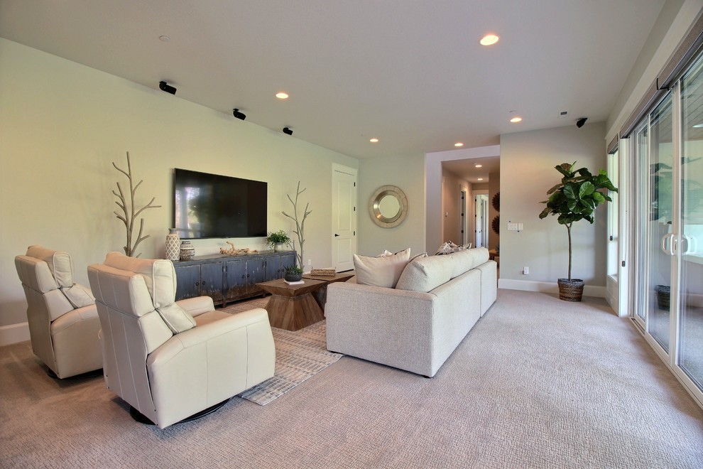 Huge arts and crafts walk-out carpeted and beige floor basement photo in Portland with gray walls