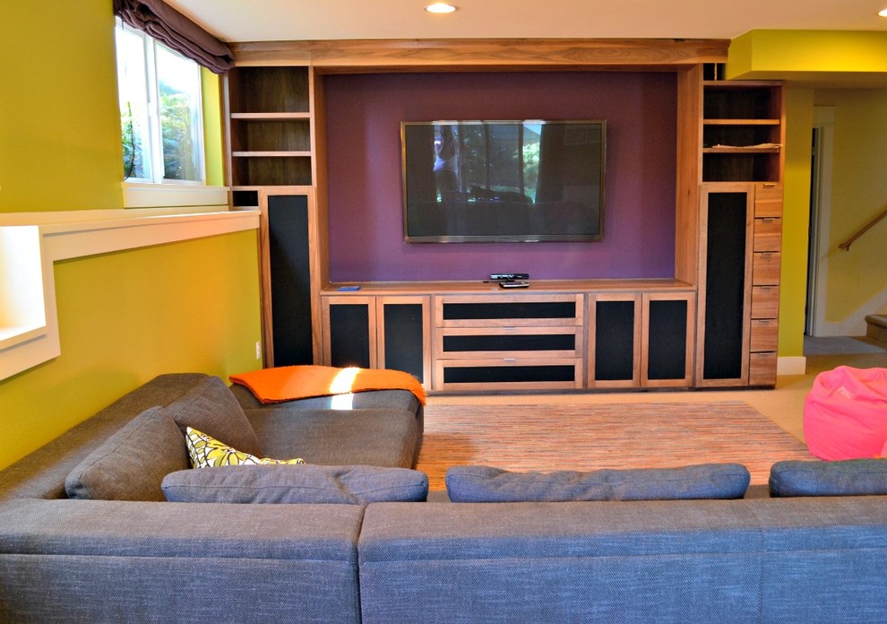 Media space colorful walls, builtin storage, big screen TV check