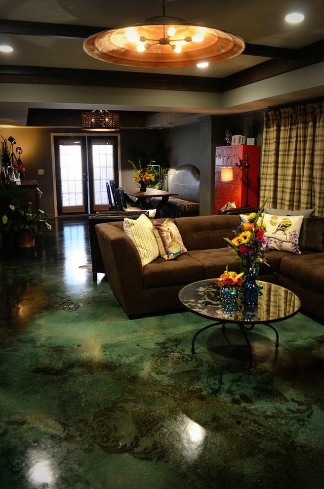Design ideas for a large urban walk-out basement in Atlanta with grey walls, concrete flooring and no fireplace.