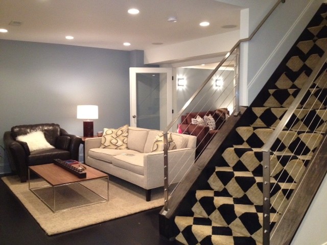 Mittelgroßes Modernes Untergeschoss ohne Kamin mit blauer Wandfarbe, dunklem Holzboden und schwarzem Boden in Baltimore