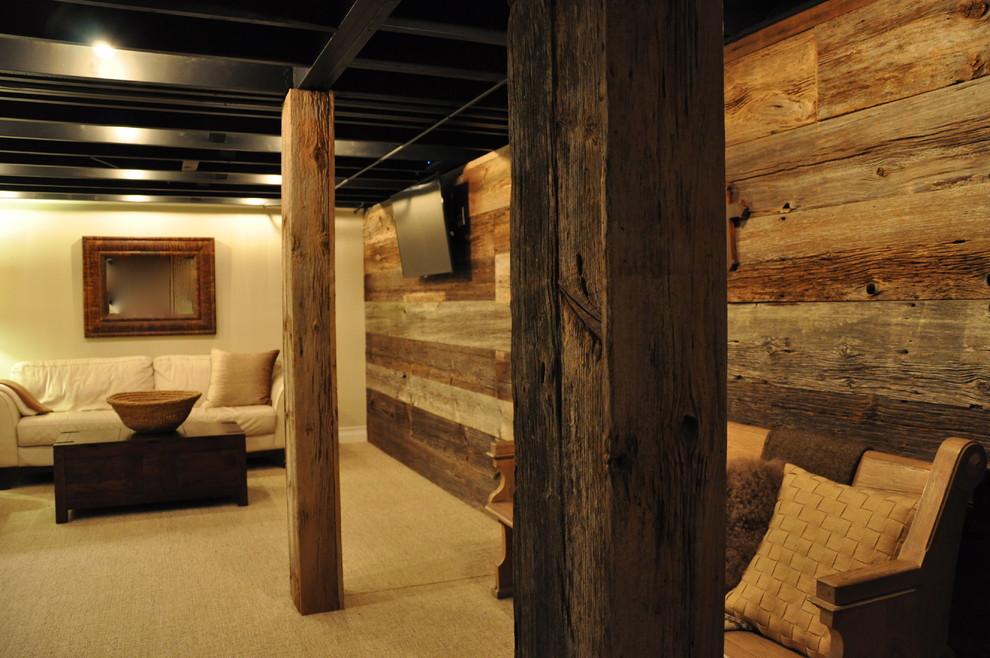 Basement - rustic beige floor basement idea in Chicago