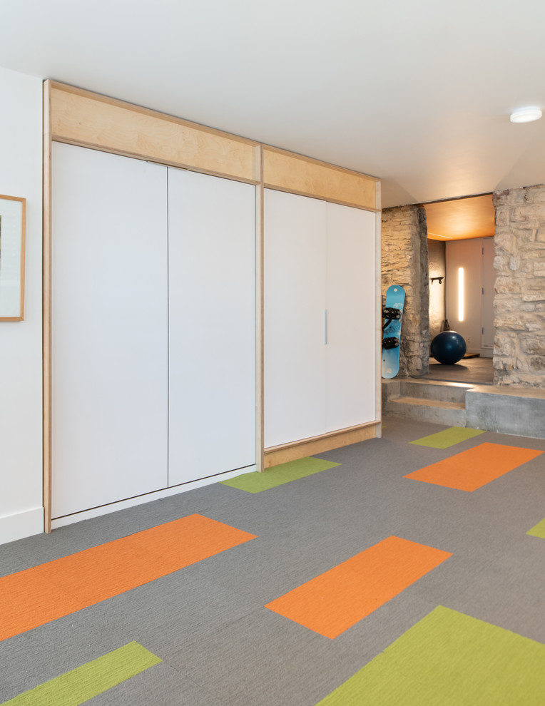 Basement - mid-sized scandinavian walk-out carpeted and multicolored floor basement idea in Kansas City with white walls and no fireplace