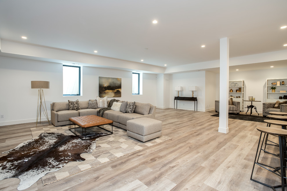 Photo of an expansive country look-out basement in Denver with white walls, light hardwood flooring and brown floors.