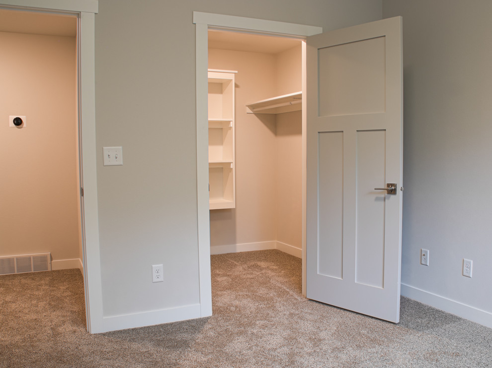 This is an example of a large country walk-out basement in Other with grey walls, carpet and brown floors.