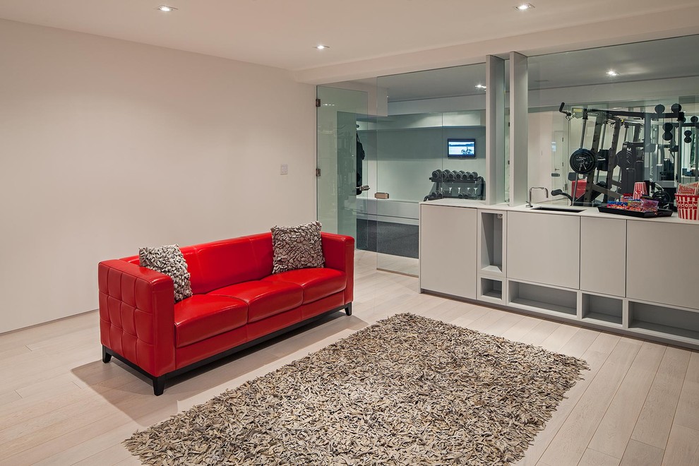 Inspiration for a modern light wood floor basement remodel in Toronto with white walls