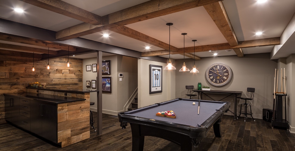Photo of a contemporary basement in Ottawa with dark hardwood flooring and brown floors.