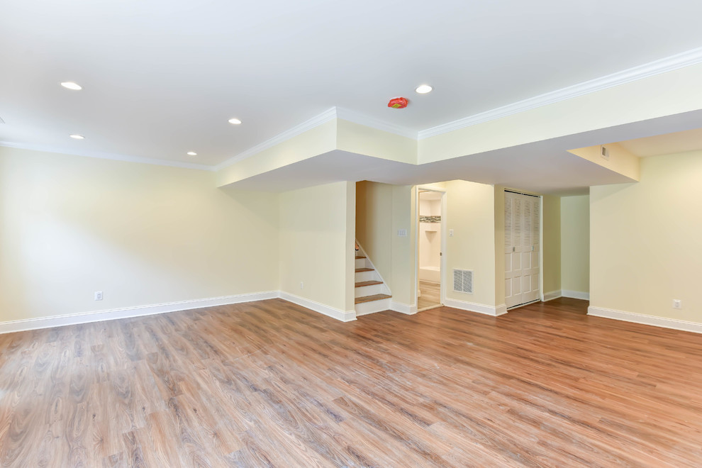 Modelo de sótano con puerta minimalista de tamaño medio con paredes blancas, suelo de madera clara y suelo marrón