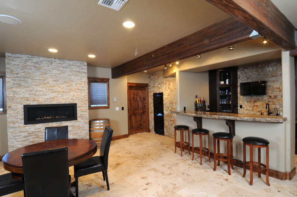 Inspiration for a contemporary beige floor basement remodel in Other