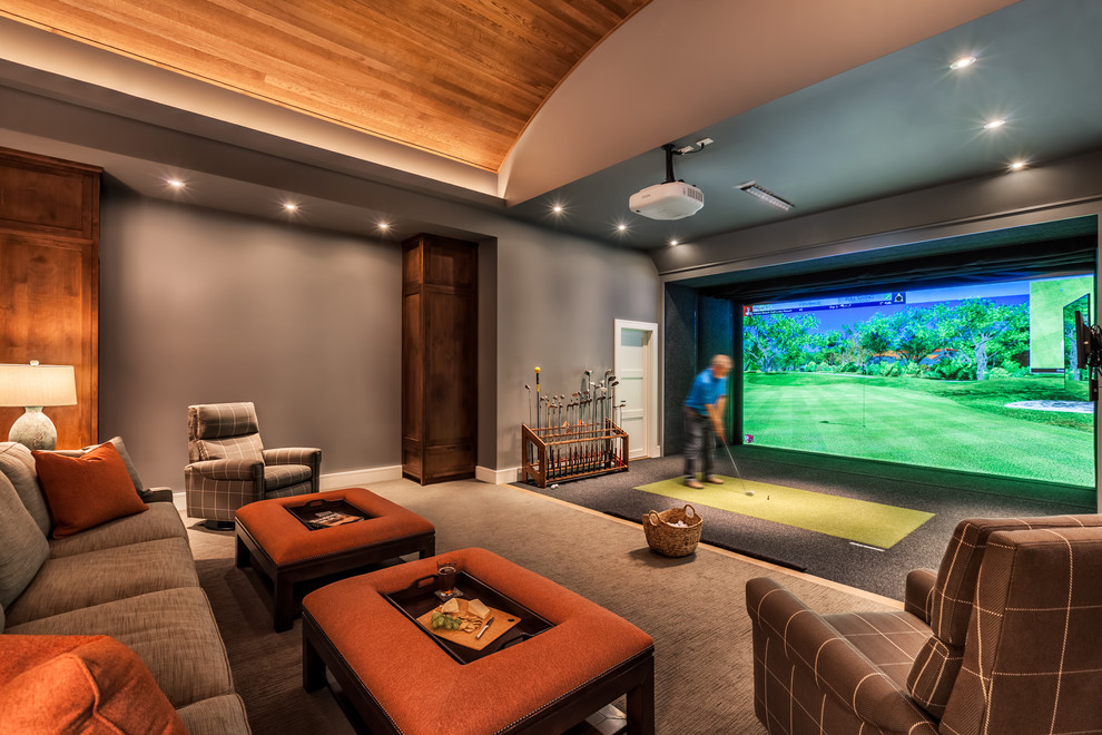 Example of a large transitional carpeted and gray floor home theater design in Other with gray walls
