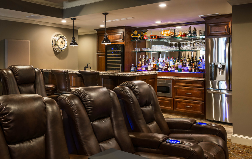 This is an example of a medium sized rustic basement in Atlanta with a home bar, beige walls, carpet, no fireplace and beige floors.