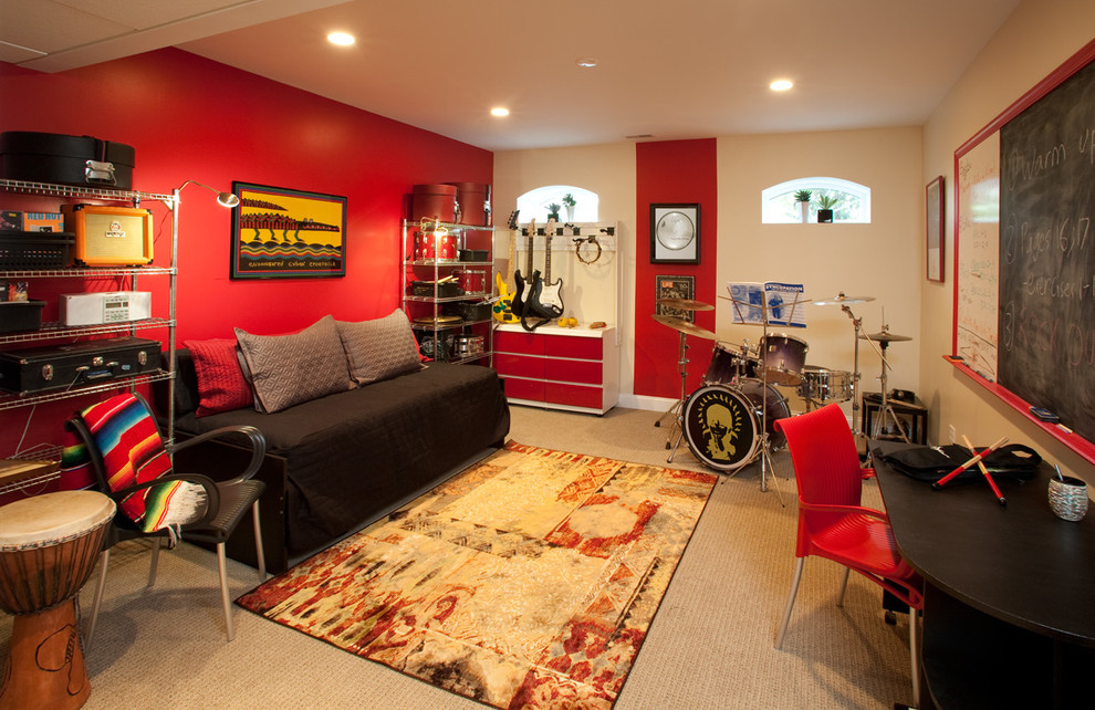 Trendy walk-out carpeted and beige floor basement photo in Philadelphia with red walls