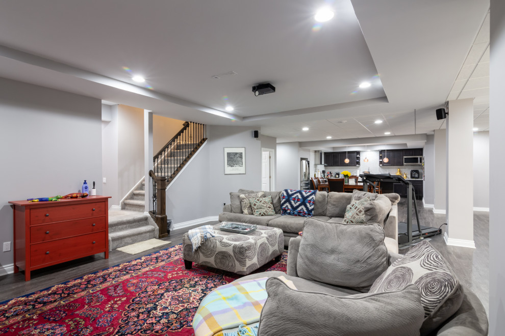 Basement - large transitional walk-out vinyl floor and gray floor basement idea in Chicago with gray walls, a ribbon fireplace and a stone fireplace