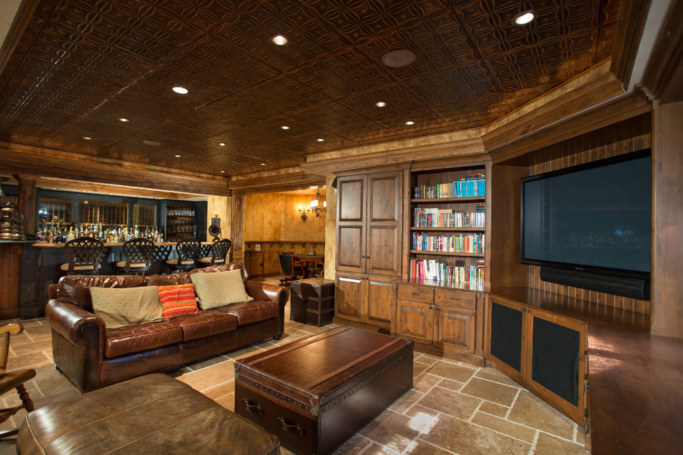 Inspiration for a large classic look-out basement in Chicago with travertine flooring.
