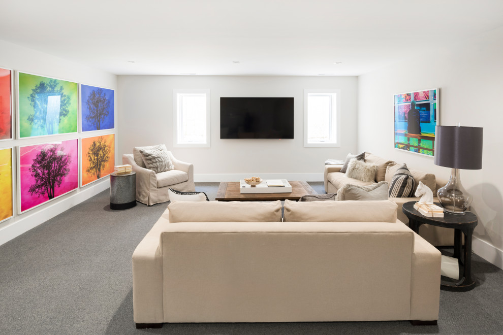 Modernes Wohnzimmer ohne Kamin mit weißer Wandfarbe und grauem Boden in Minneapolis