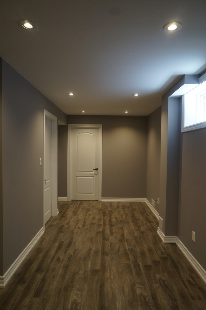 Modelo de sótano en el subsuelo minimalista de tamaño medio con paredes grises