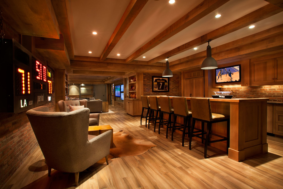 Inspiration for a huge contemporary medium tone wood floor basement remodel in New York with beige walls and no fireplace