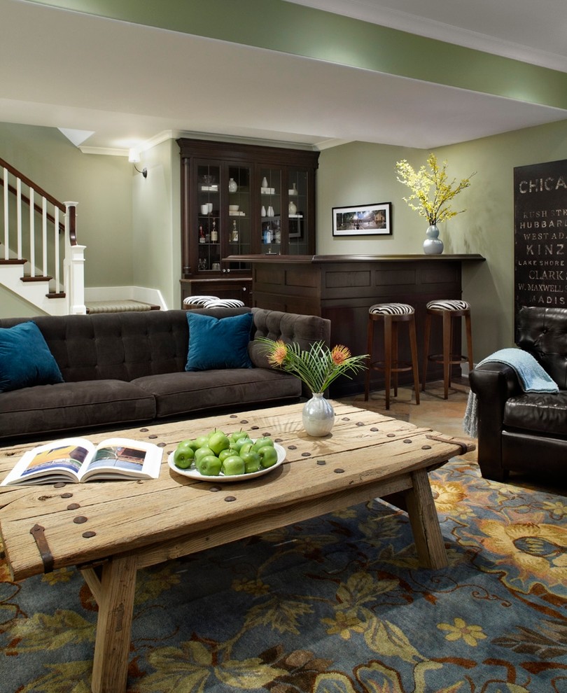 Basement - traditional underground basement idea in Chicago with green walls