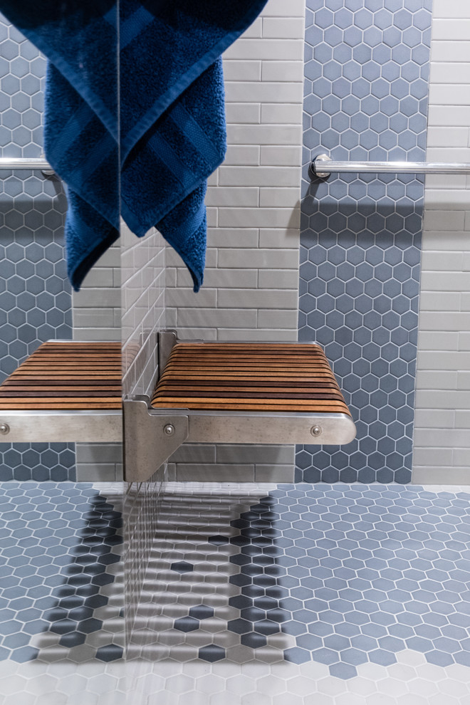 Basement - mid-sized traditional walk-out ceramic tile and blue floor basement idea in Seattle with blue walls