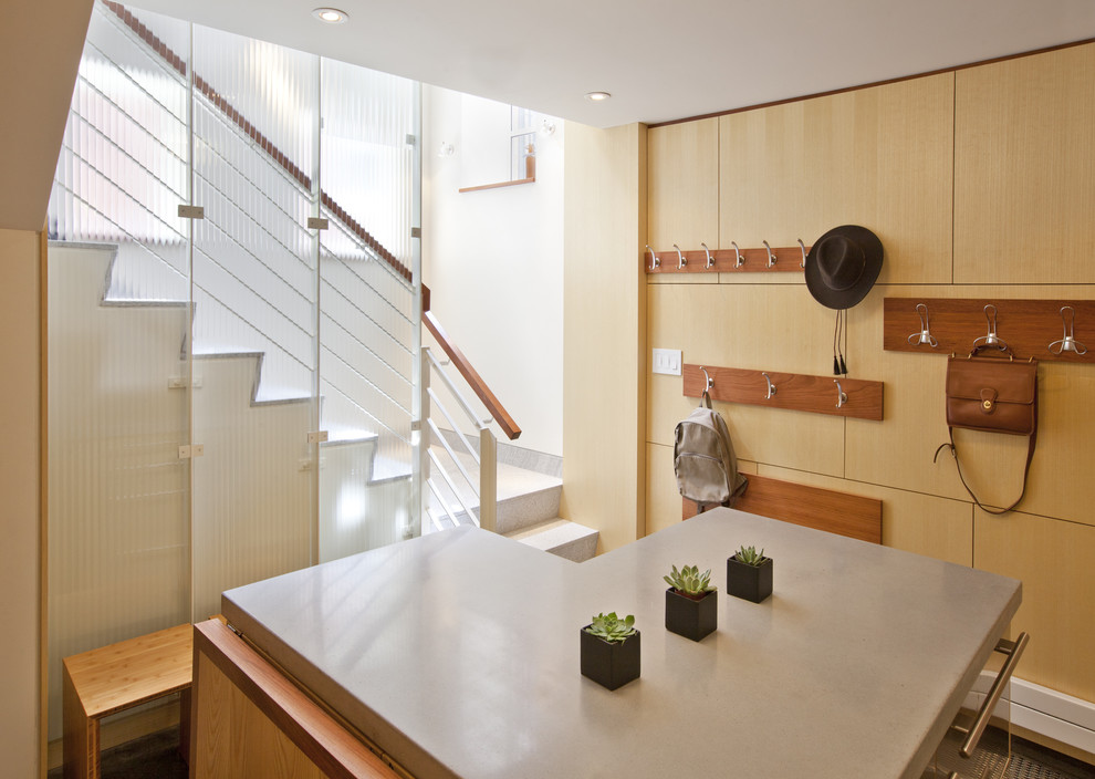 Example of a minimalist entryway design in Boston with white walls
