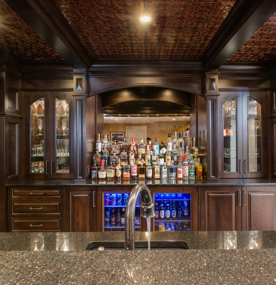 Design ideas for a large classic home bar in Detroit with porcelain flooring and brown floors.