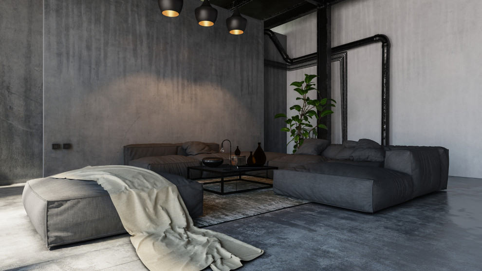 Inspiration för en liten industriell källare utan fönster, med grå väggar, betonggolv och svart golv