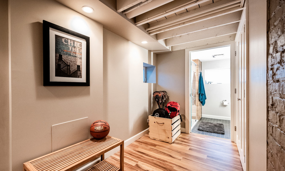 Small rustic look-out basement in Chicago with grey walls, vinyl flooring and brown floors.