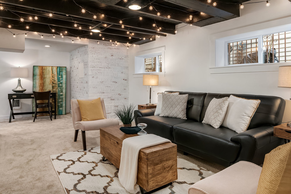 Farmhouse look-out basement in Seattle with beige walls, carpet and beige floors.