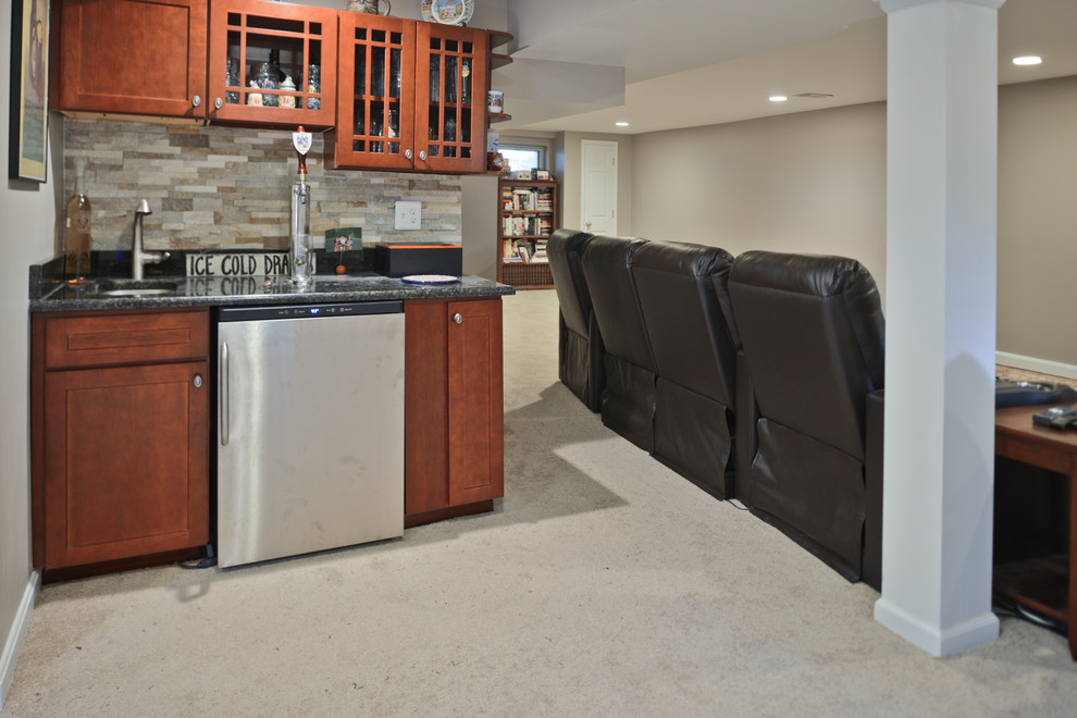 Large classic basement in DC Metro with beige walls, carpet and beige floors.