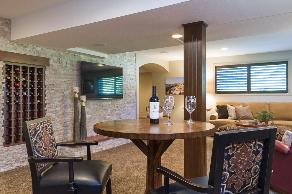 This is an example of a medium sized classic look-out basement in Kansas City with black walls, carpet, no fireplace and beige floors.