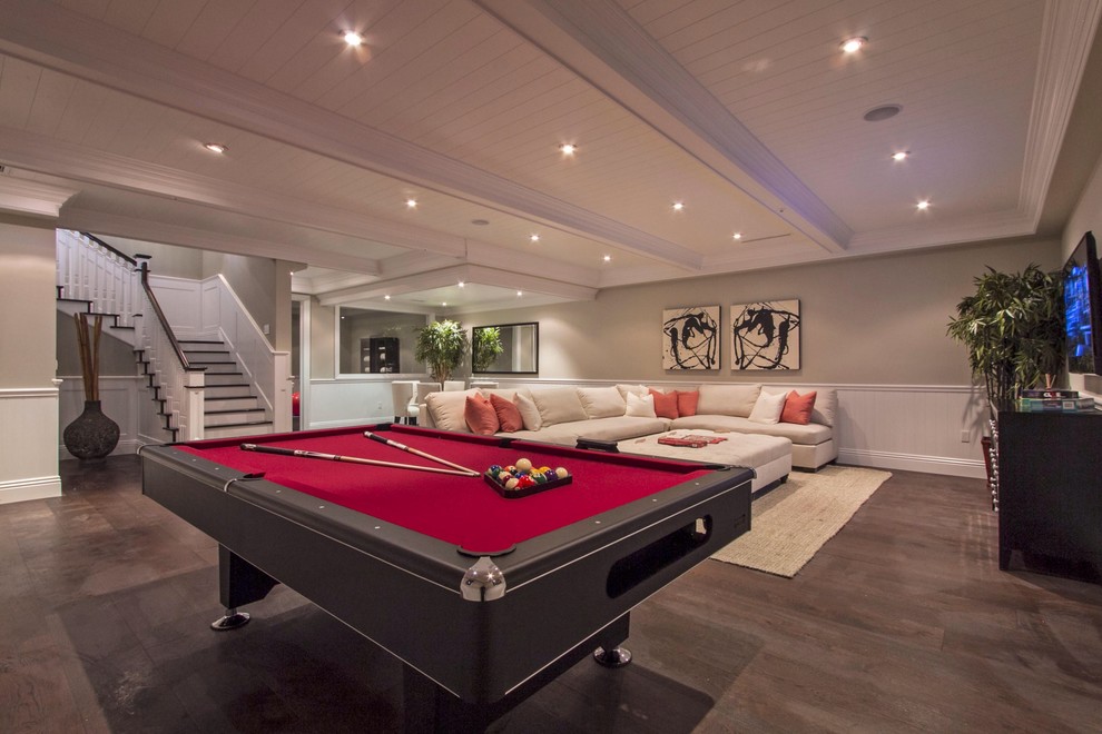 Basement - contemporary underground dark wood floor basement idea in Los Angeles with no fireplace and gray walls