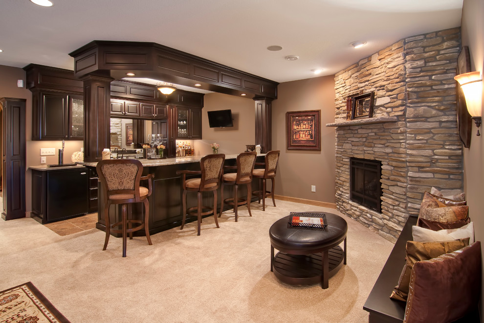 Design ideas for a traditional basement in Minneapolis with a corner fireplace.