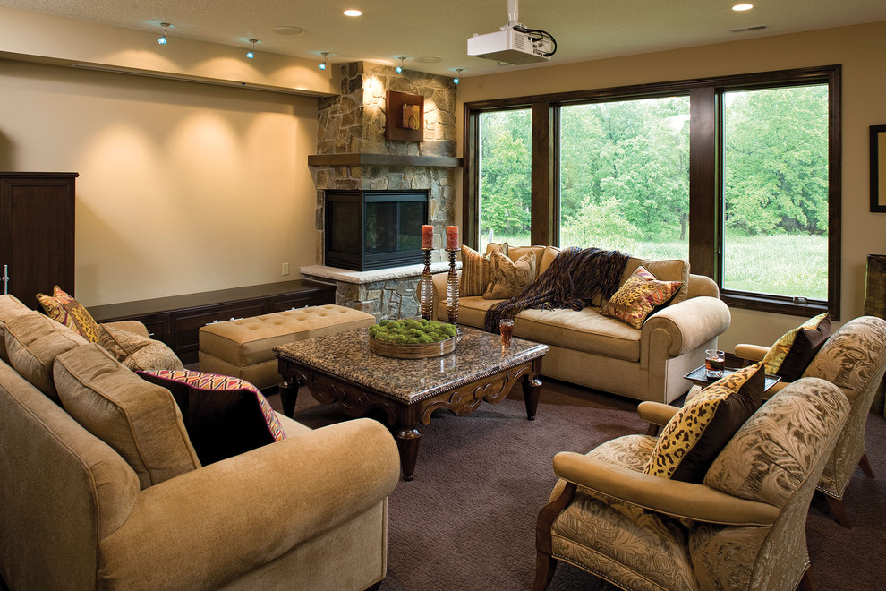 Example of a classic basement design in St Louis with a standard fireplace