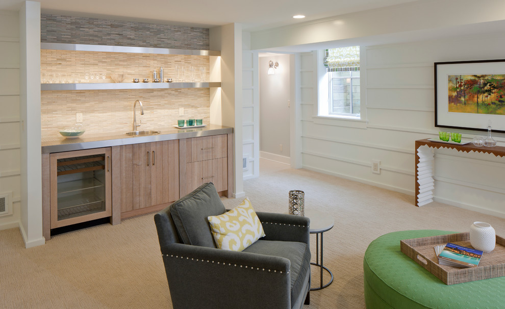 Inspiration for a coastal look-out carpeted and beige floor basement remodel in Grand Rapids with white walls and no fireplace