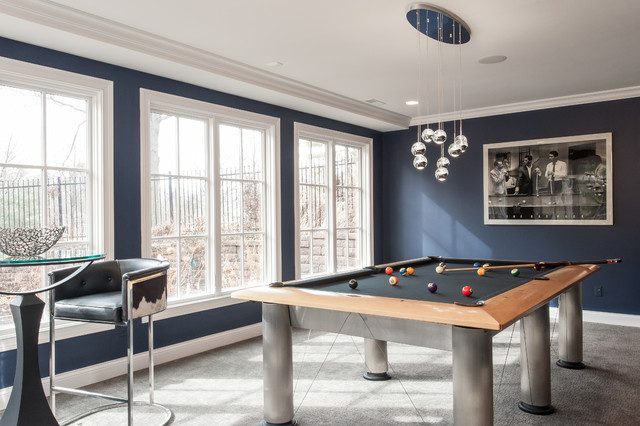 Pool table make over- new felt top.Paint, light fixture carpet and Bistro  table. - Contemporary - Basement - St Louis - by Yours by Design | Houzz IE