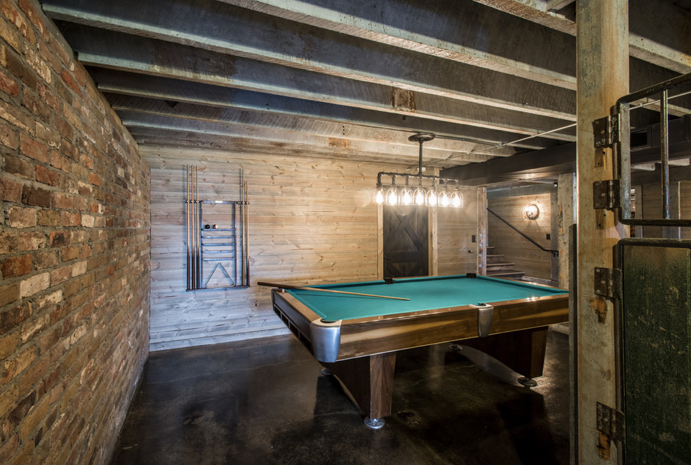 Inspiration for a farmhouse walk-out brick floor basement remodel in Louisville