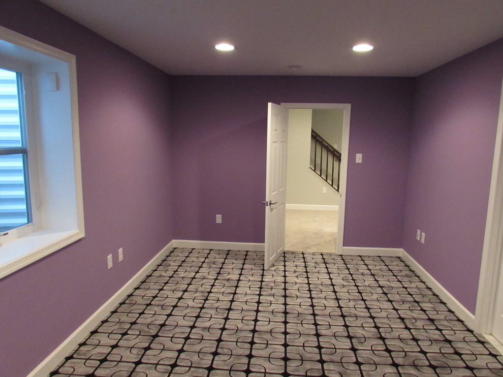 ワシントンD.C.にあるお手頃価格の中くらいなコンテンポラリースタイルのおしゃれな地下室 (半地下 (ドアあり)、紫の壁、カーペット敷き) の写真