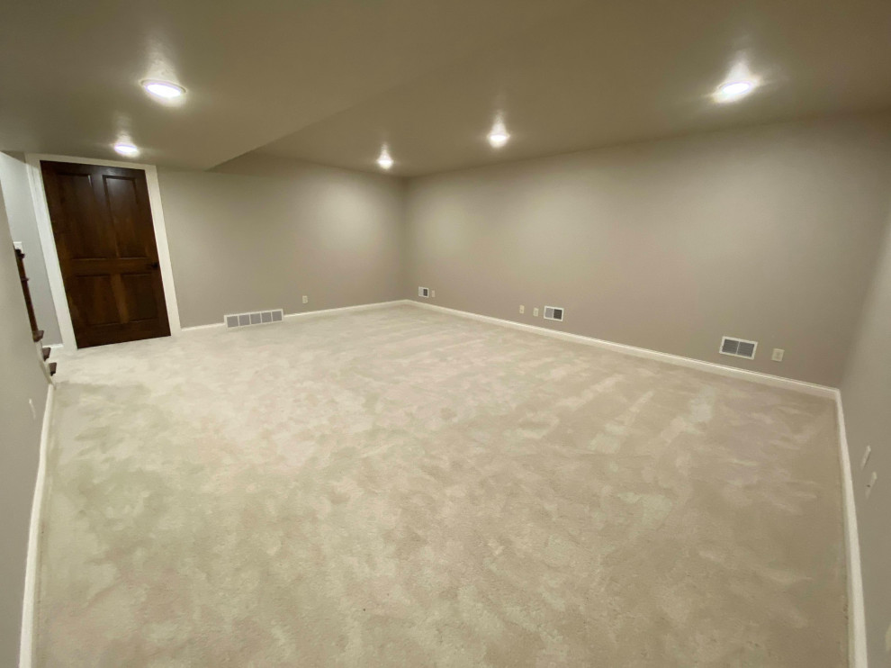 Inspiration for a medium sized traditional fully buried basement in Other with beige walls, carpet and beige floors.