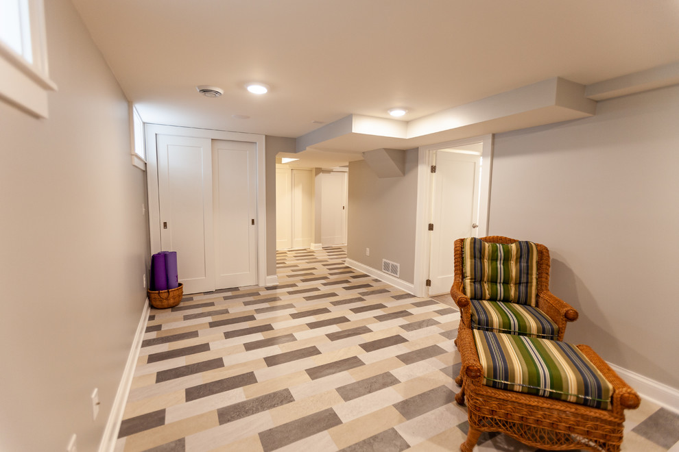 Design ideas for a traditional look-out basement in Minneapolis with grey walls, vinyl flooring and multi-coloured floors.