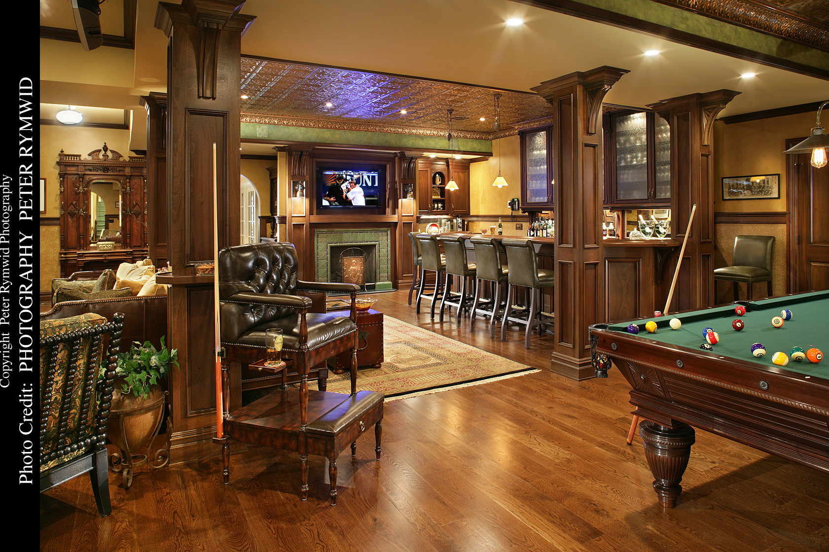Pub Bar, Fireplace, and Pool Table - Traditional - Basement - New York - by  Carisa Mahnken Design Guild | Houzz
