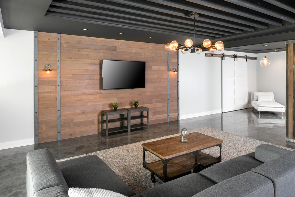 Reclaimed Wood Tv Wall With Steel Accents Industrial Basement Detroit By Iron Mountain Remodeling Houzz - Wood Tv Accent Wall