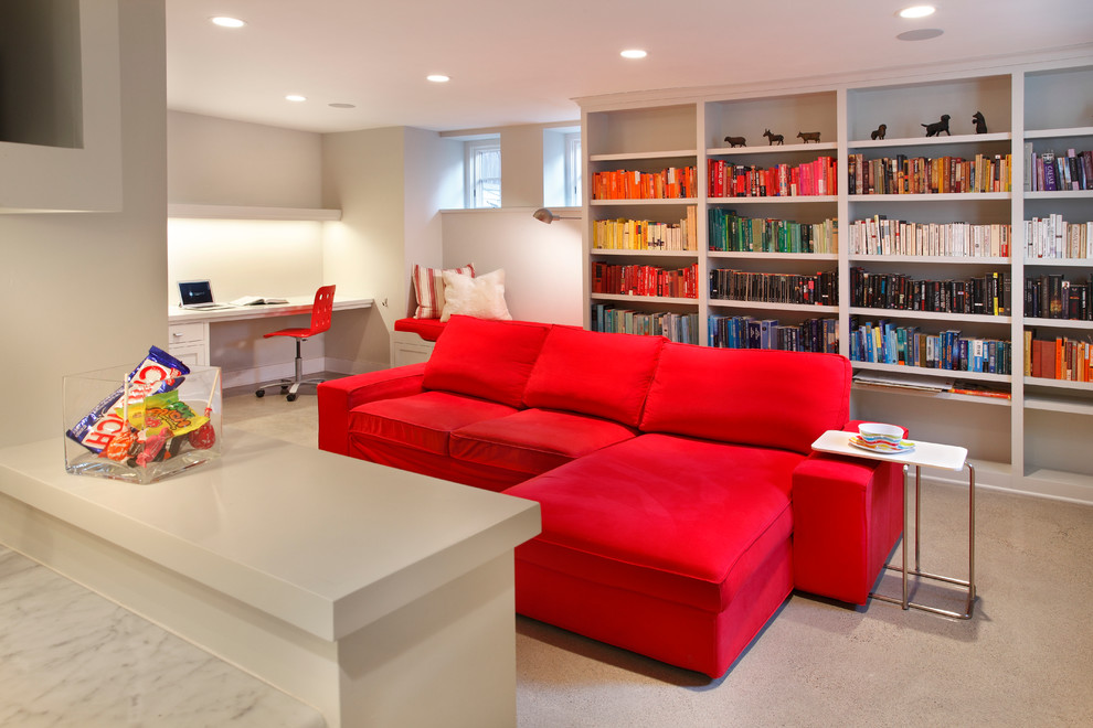 Contemporary look-out basement in Minneapolis with white walls, carpet and no fireplace.