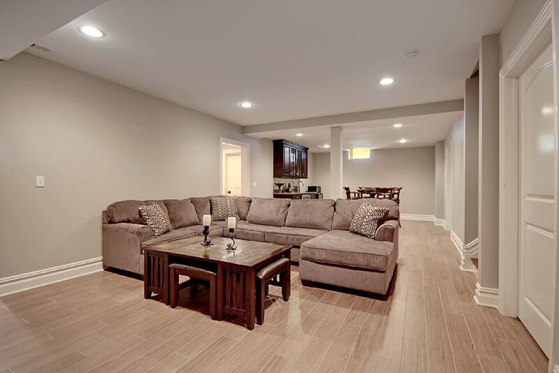 Design ideas for a large classic look-out basement in New York with grey walls and light hardwood flooring.