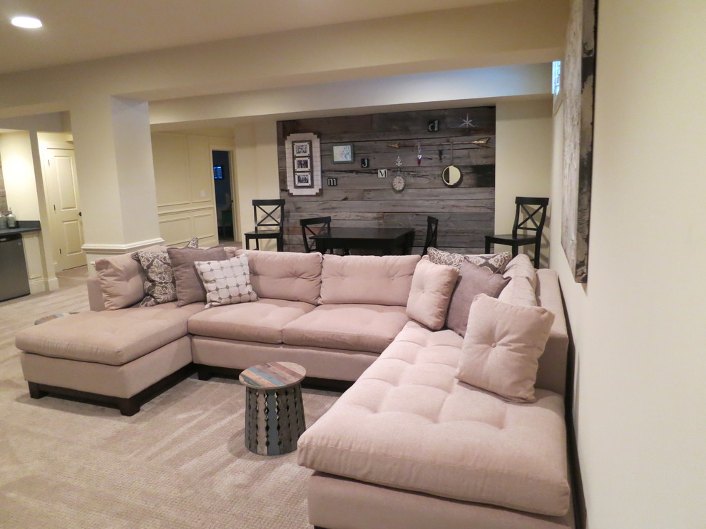 Large mountain style look-out carpeted basement photo in Chicago with no fireplace and beige walls