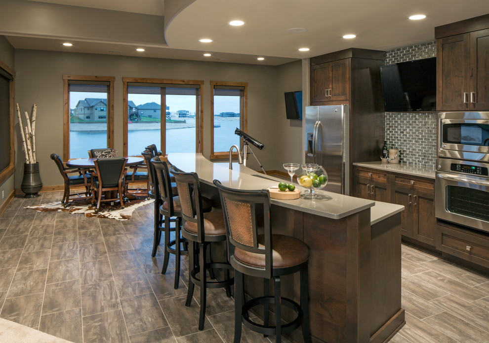 Transitional walk-out ceramic tile basement photo in Omaha with gray walls, no fireplace and a bar
